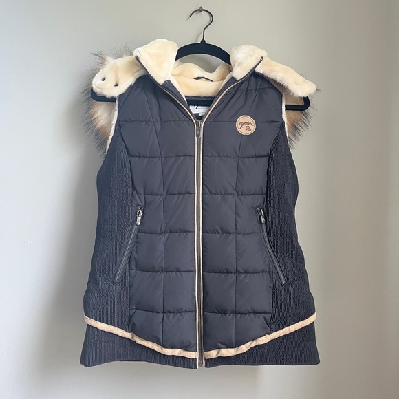 Penelope Leprevost Roger Black Glitter Quilted Puffer Vest w/ Fur trim Hood EUC - Picture 2 of 10